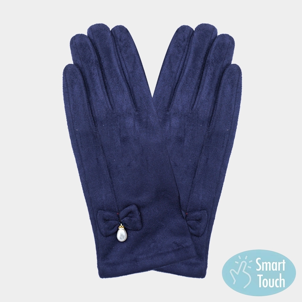 Blue Navy Suede Dangle Pearl Bow Smart Touch Gloves Winter Statement Accessories
